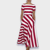 Lúcia | Rochie maxi cu dungi, cusută manual