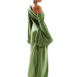 Rochie Maxi Asimetrică din Satin Verde