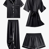 JULIETTE | COMPLET DE PIJAMA DIN SATEN DE 4 PIESE ȘI ROBE MEDIE