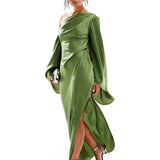 Rochie Maxi Asimetrică din Satin Verde
