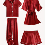 JULIETTE | COMPLET DE PIJAMA DIN SATEN DE 4 PIESE ȘI ROBE MEDIE