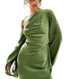 Rochie Maxi Asimetrică din Satin Verde
