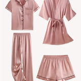 JULIETTE | COMPLET DE PIJAMA DIN SATEN DE 4 PIESE ȘI ROBE MEDIE