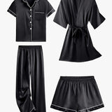 JULIETTE | COMPLET DE PIJAMA DIN SATEN DE 4 PIESE ȘI ROBE MEDIE