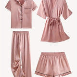 JULIETTE | COMPLET DE PIJAMA DIN SATEN DE 4 PIESE ȘI ROBE MEDIE