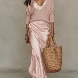 Elena | Rochie midi din satin cu pulover asortat